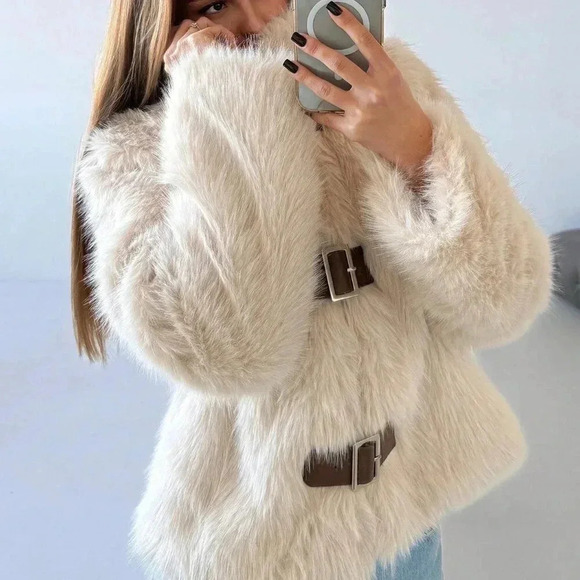 Apricot Casual Women's Stand Collar Fitted Long Sleeve Fluffy Button Jacket - Picture 6 of 9